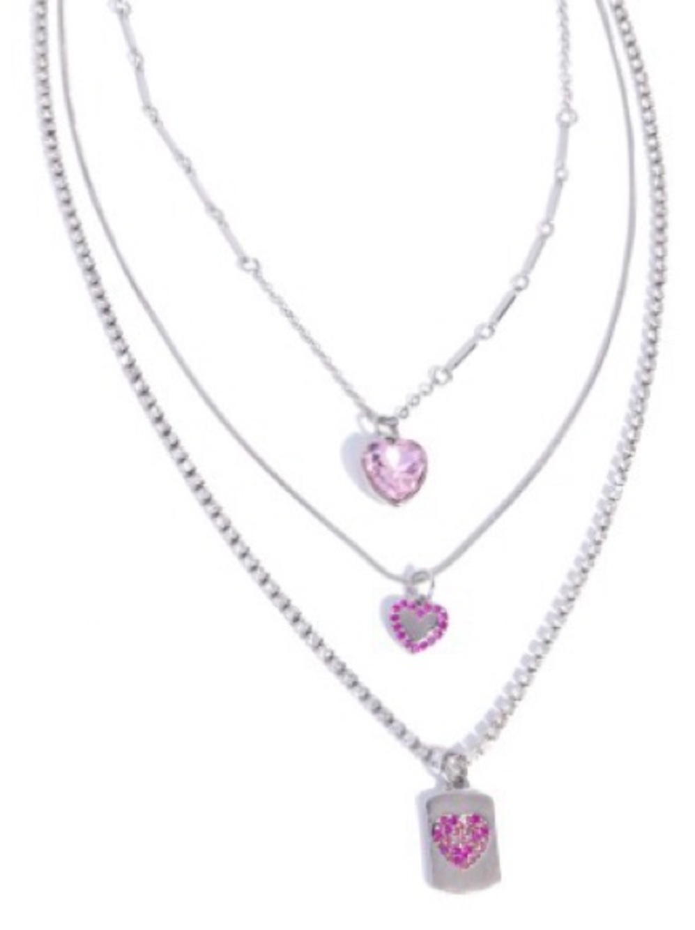 Silver Layered Heart Pendant Necklace with Pink Crystals - Women Jewelry